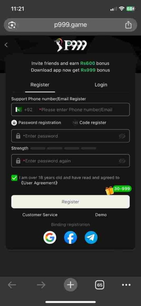 Register Account on P999 Game Download